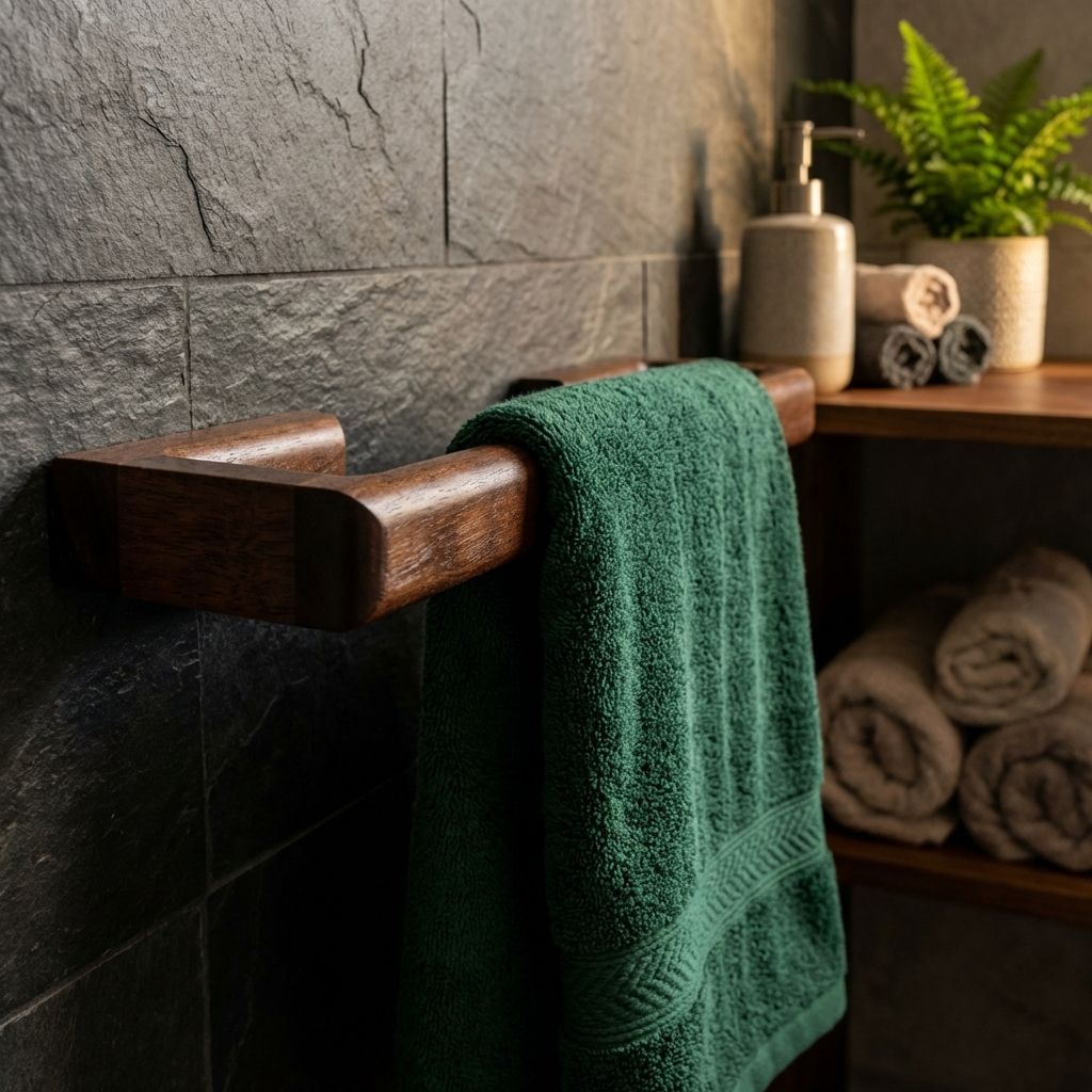 Green towel hanging on a wooden towel rack against a stone wall with shelves holding rolled towels and a plant.