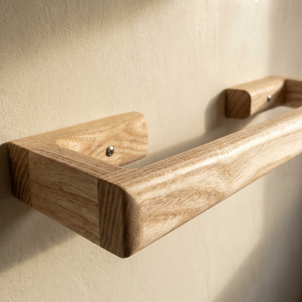 Wooden towel rack on a beige wall