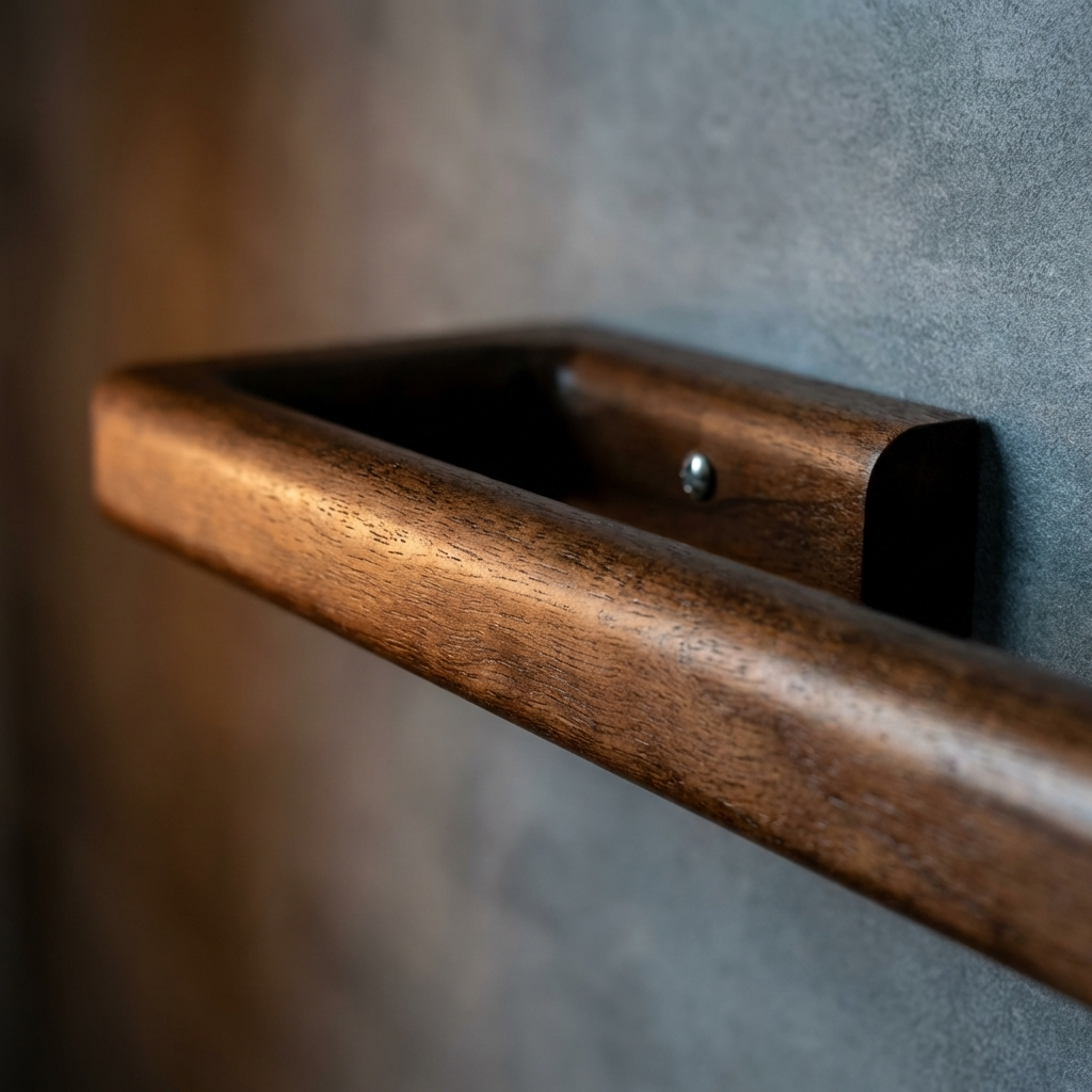 Wooden towel rail against a textured wall.