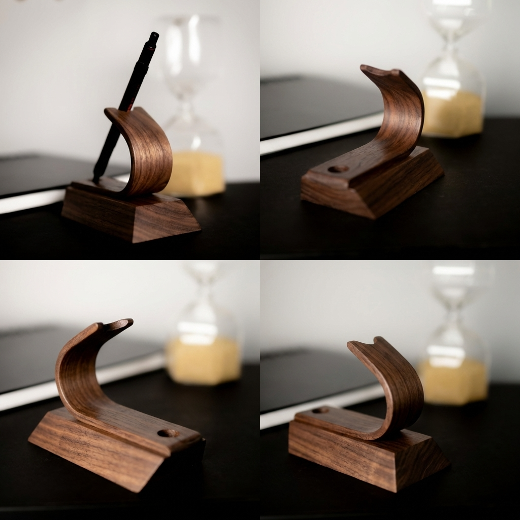 Showing all angles of the walnut luxury pen stand from noir.design