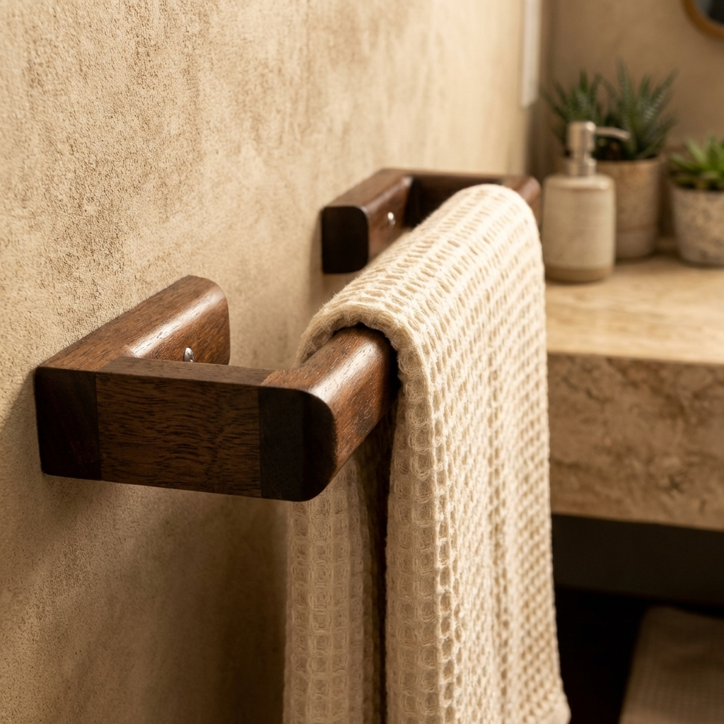 Wooden towel rack with a beige towel on a textured wall in a bathroom setting.