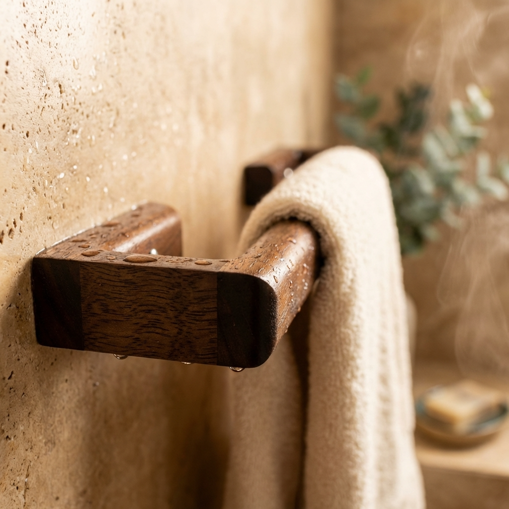 Wooden towel rack on a textured wall with a blurred plant in the background