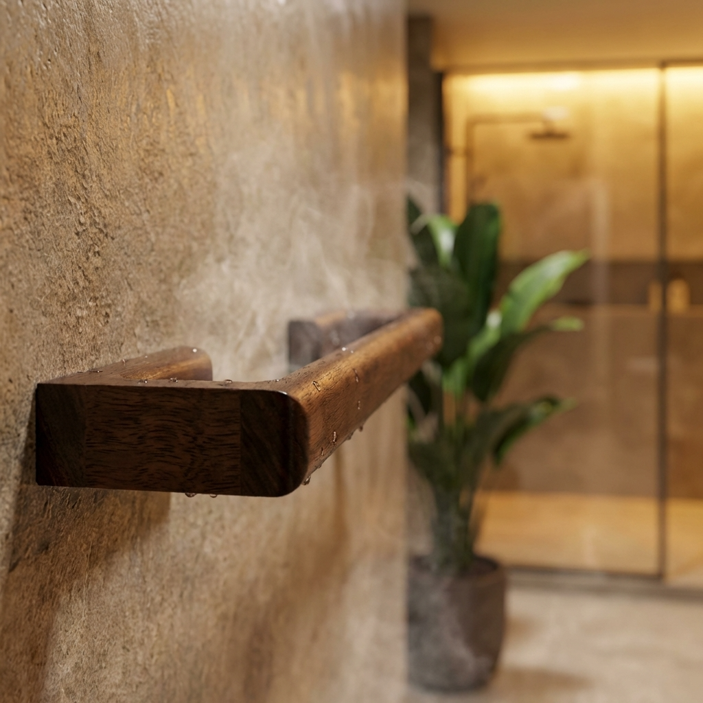 Wooden towel rail mounted on a textured wall with a plant in the background