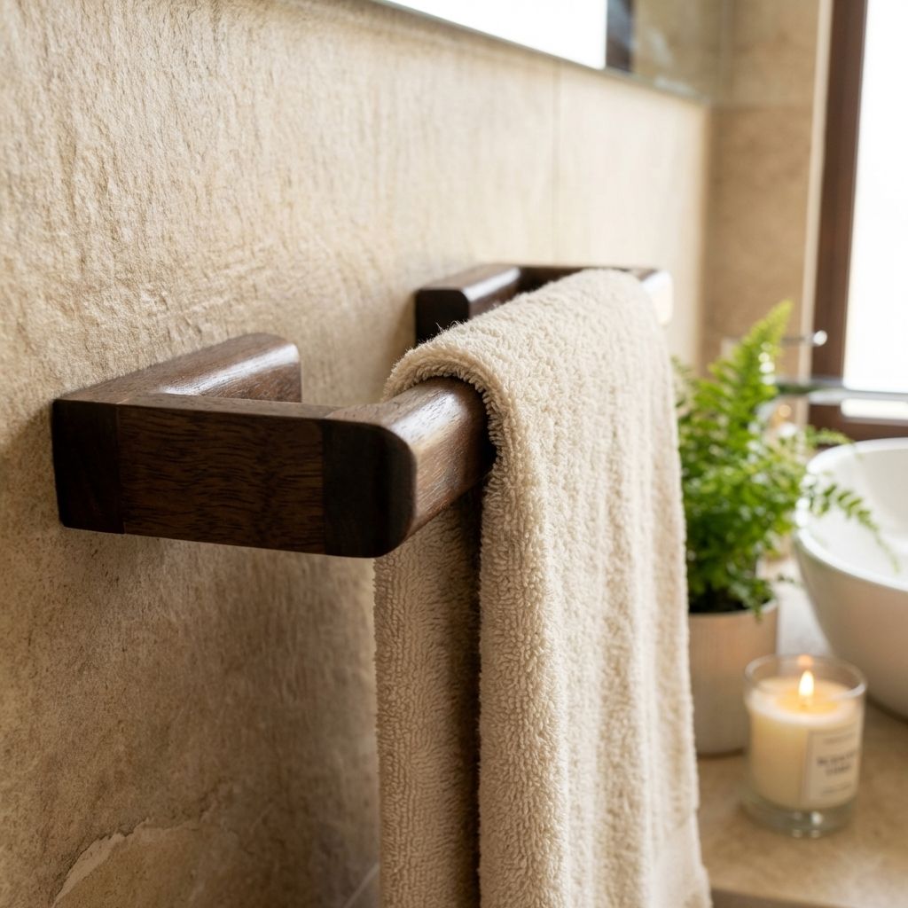 Towel hanging on a wooden towel rack in a bathroom setting with a candle and plant.
