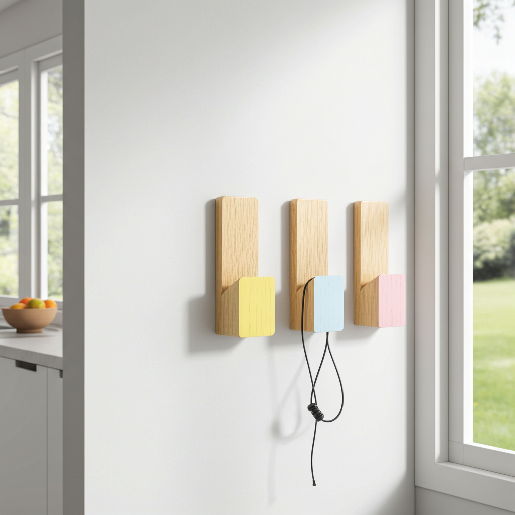 Three wooden wall hooks in different colors on a white wall with a window in the background.