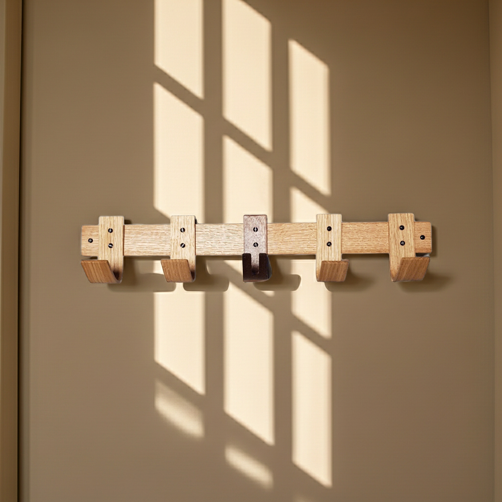 Designer Oak & Walnut Coat Rack with Key Storage - 5 Hooks