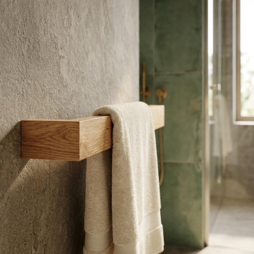 Wooden towel rack with a beige towel against a textured wall in a bathroom.