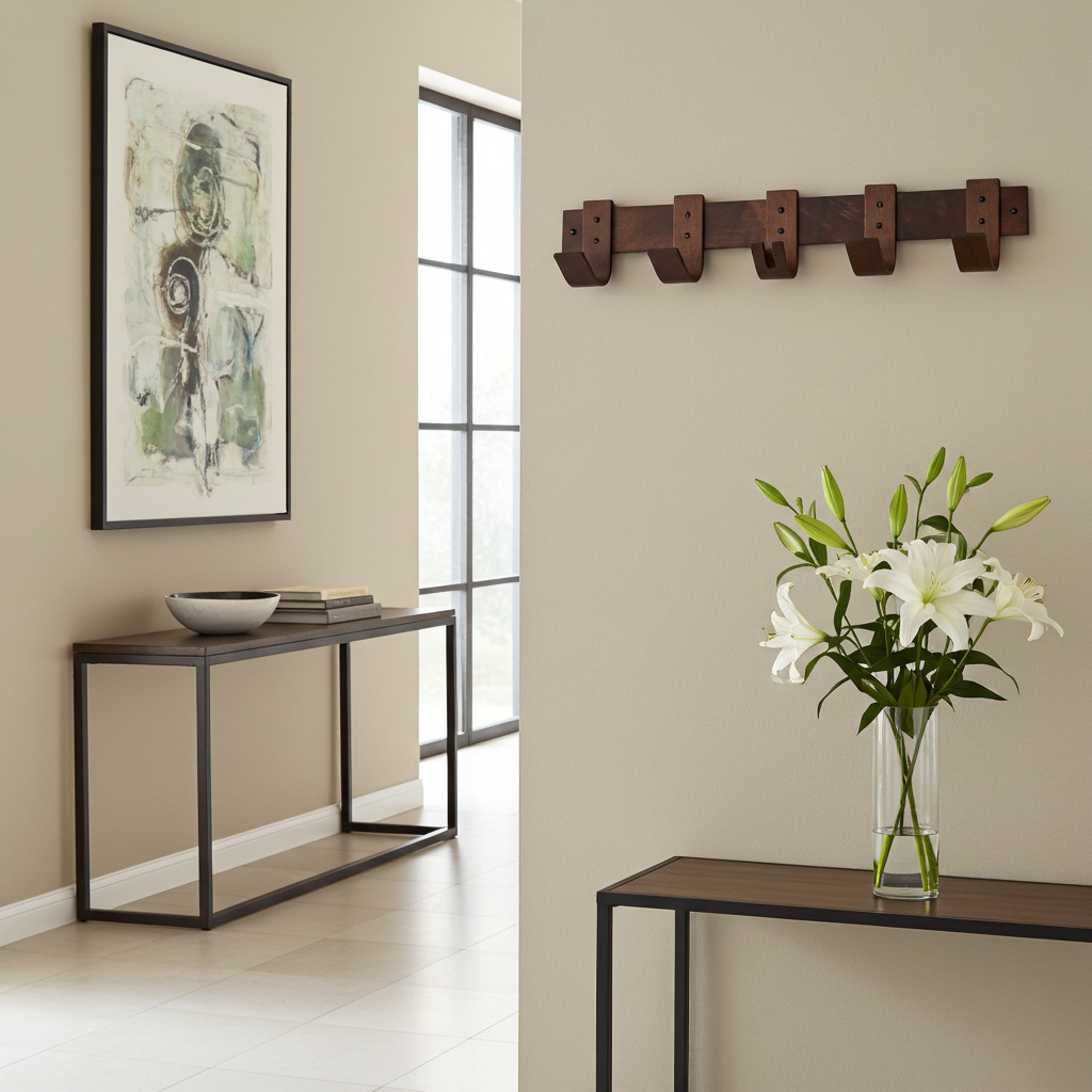 Modern interior with a console table, wall art, and a vase of flowers.