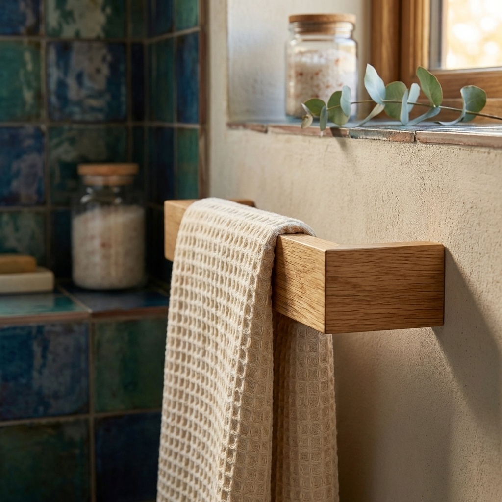 Towel hanging on a wooden towel rack in a bathroom with tiled walls and decorative jars.