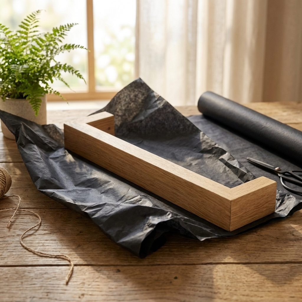 Wooden towel rail on black paper with a plant and scissors in the background