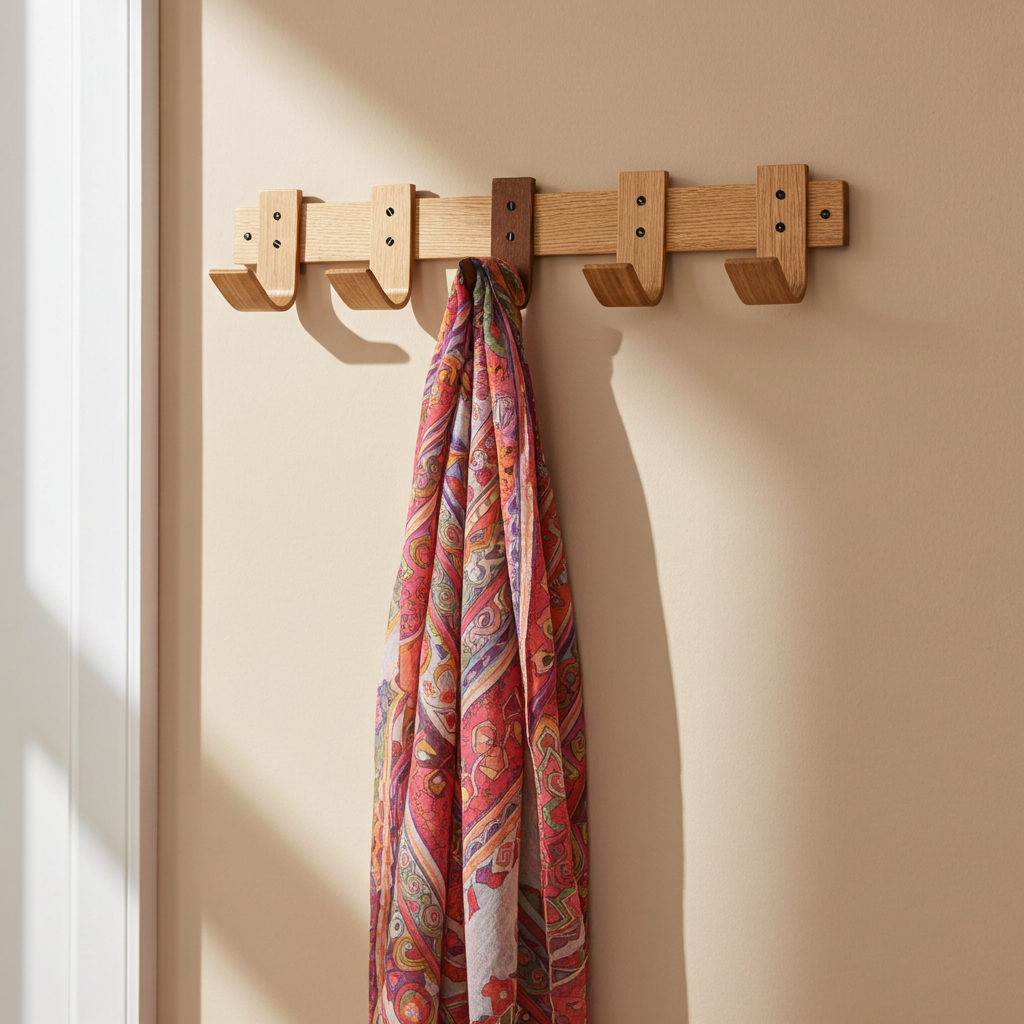 Designer Oak & Walnut Coat Rack with Key Storage - 5 Hooks