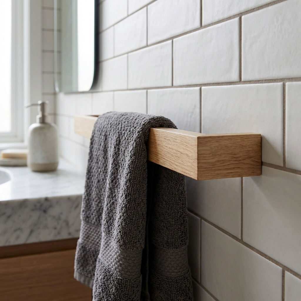 Gray towel hanging on a wooden towel rack against a tiled bathroom wall.