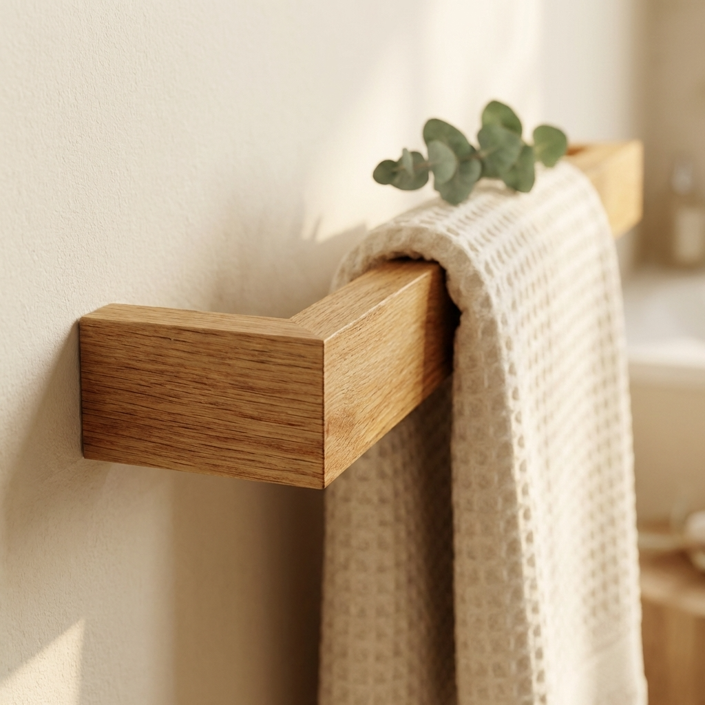 Slimline oak towel rack wall-mounted in modern bathroom, minimalist design, handcrafted solid oak