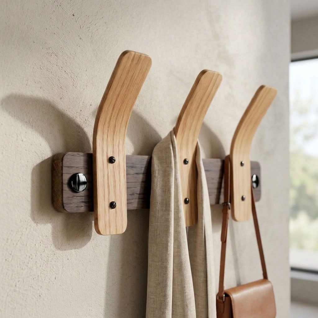 Tordu Oak Coat Rack | Steam-Bent Solid Oak | Black Fittings | 2–9 Hooks