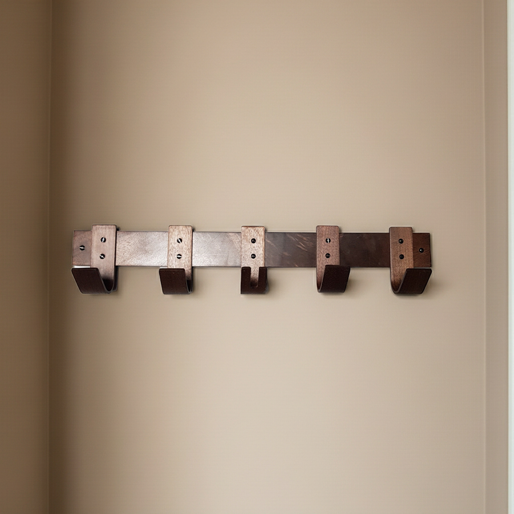 Metal wall hook rack with five hooks on a beige wall.
