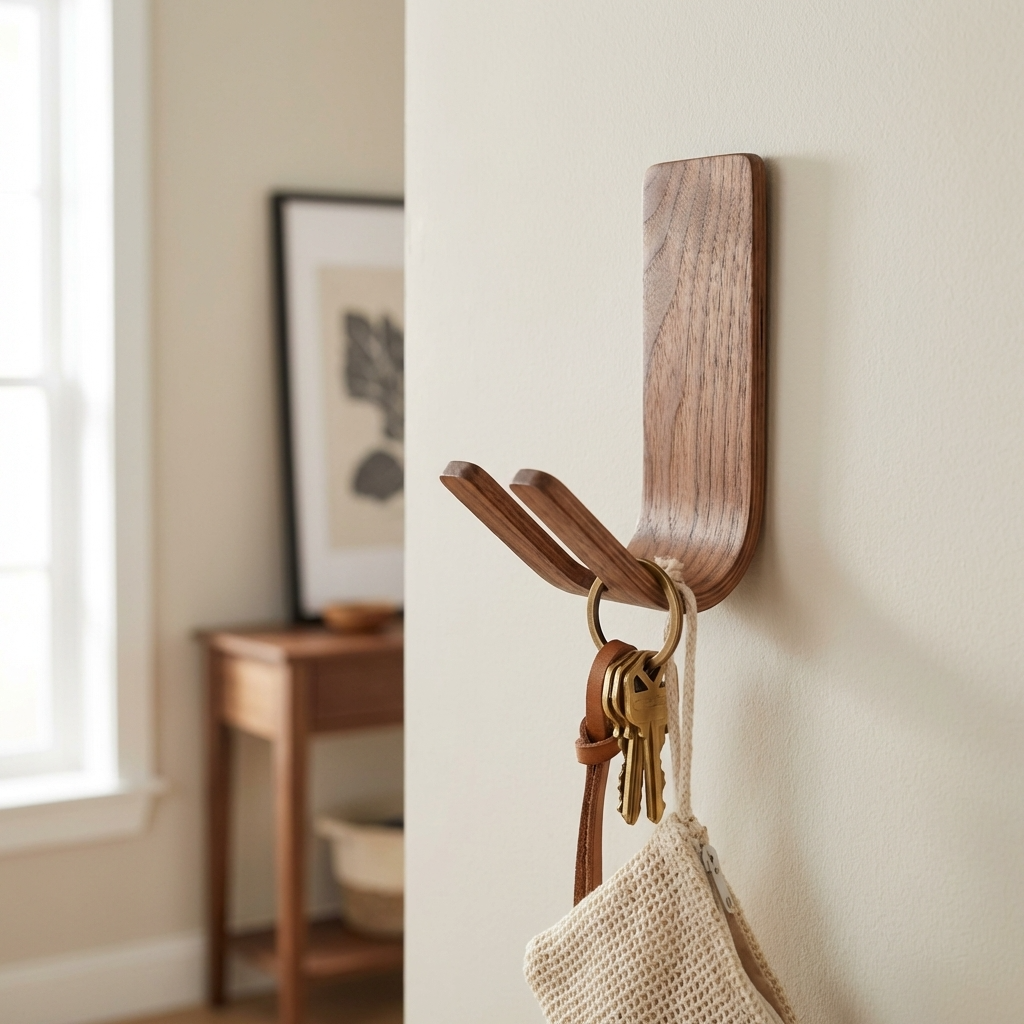 Adhesive walnut key holder wall hook for modern entryway organisation